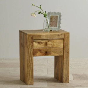 Dhan Decor Solid Wood Bedside Table with Two Drawers - Handcrafted Nightstand for Bedroom