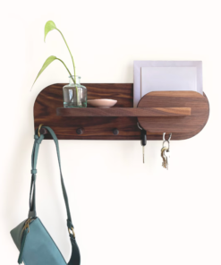 Alternative view of Wall Mounted Key Holder with Shelf, Wooden Entryway Organizer, 3 Hooks, Brown Walnut