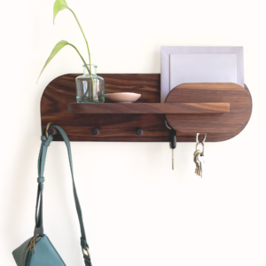 Wall Mounted Key Holder with Shelf, Wooden Entryway Organizer, 3 Hooks, Brown Walnut