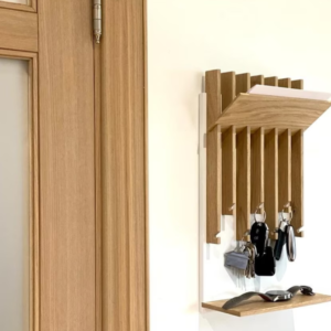 Wall Mounted Key Holder with Shelf, Wooden Multi-Hook Organiser for Entryway, Natural Oak Finish