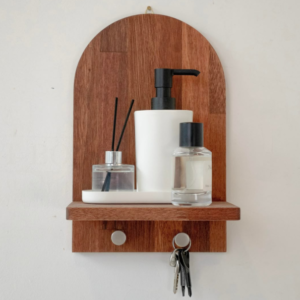 Wooden Wall Shelf with Key Hooks, Bathroom Organiser with Soap Dispenser Stand, 2 Metal Hooks