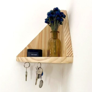 Corner Wall Shelf with Key Hooks, Triangle Design, Wooden Storage Organiser, Natural Wood | Dhan Decor by JKS