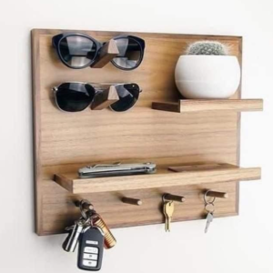 Wall Mount Key and Sunglasses Organiser, Wooden Display Shelf with Hooks, Modern Home Decor | Dhan Decor by JKS