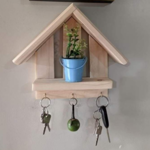Wooden Wall-Mounted Key Holder with Plant Shelf, House-Shaped Design, 3 Key Hooks | Dhan Decor by JKS