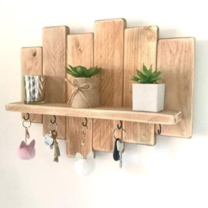 Rustic Wall Mounted Wooden Shelf with Key Hooks, Decorative Display Rack, Natural Sheesham Wood | Dhan Decor by JKS
