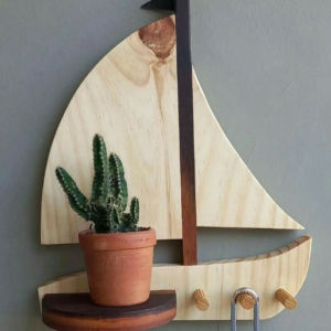 Decorative Wooden Sailboat Wall Shelf with Key Holder, Plant Stand | Dhan Decor by JKS