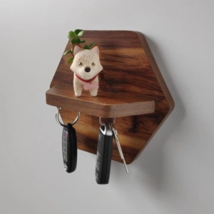 Hexagonal Wooden Wall Shelf with Key Hooks, Decorative Dog Figurine, Rustic Brown | Dhan Decor by JKS