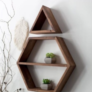 Geometric Wall Shelf Set, Triangle and Hexagon, Wooden, Rustic Brown, Modern Floating Display Shelves | Dhan Decor by JKS