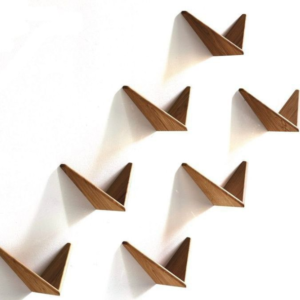 Modern Wooden Wall Hooks, Geometric Bird Design, Set of 4, Brown Sheesham Wood | Dhan Decor by JKS