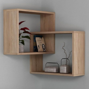 Modern Floating Wall Shelf, Geometric Design, Light Oak Wood Finish, 3-Tier Display Storage | Dhan Decor by JKS