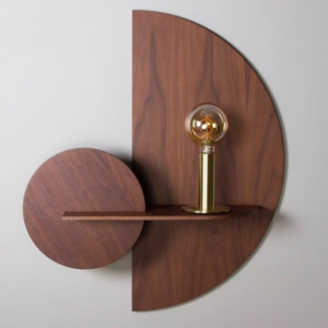 Modern Wall Shelf with Light, Walnut Wood Half-Circle Design, Brass Lamp Holder, Decorative Wall Mount | Dhan Decor by JKS