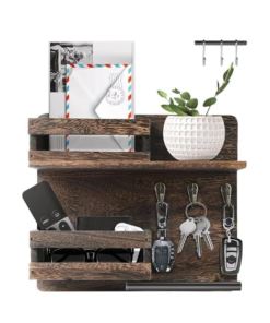 Dhan Decor | Rustic Wall-Mounted Mail and Key Organiser, 26.9 x 13.2 x 5 cm, with 3 Hooks and Double Storage Slots