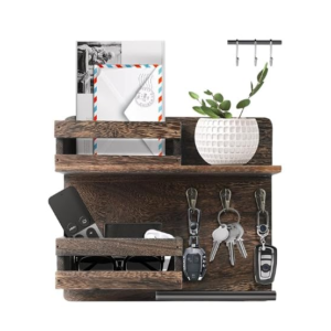 Dhan Decor | Rustic Wall-Mounted Mail and Key Organiser, 26.9 x 13.2 x 5 cm, with 3 Hooks and Double Storage Slots