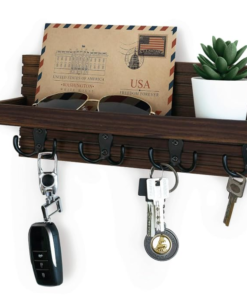 Dhan Decor | Wooden Wall-Mounted Shelf with Metal Keyhole Hangers, Deep Shelf, and Premium Metal Double Hooks