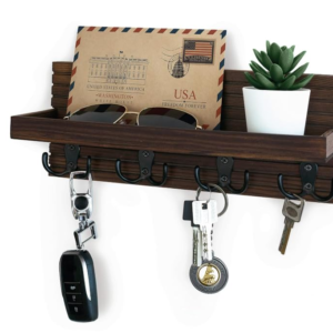 Dhan Decor | Wooden Wall-Mounted Shelf with Metal Keyhole Hangers, Deep Shelf, and Premium Metal Double Hooks