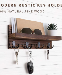 Alternative view of Dhan Decor | Wooden Wall-Mounted Shelf with Metal Keyhole Hangers, Deep Shelf, and Premium Metal Double Hooks