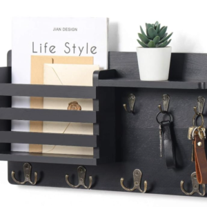 Wall-Mounted Mail Organiser with Key Hooks, 42.7 x 25.4 cm, Black Wood Shelf with 4 Metal Hooks | Dhan Decor by JKS