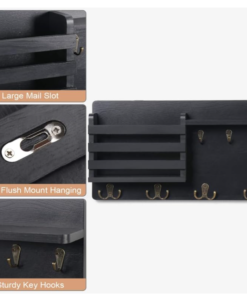 Alternative view of Wall-Mounted Mail Organiser with Key Hooks, 42.7 x 25.4 cm, Black Wood Shelf with 4 Metal Hooks | Dhan Decor by JKS