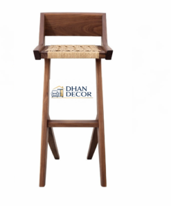Handcrafted Walnut Cane Bar Stool Solid walnut wood construction Natural handwoven cane seat Strong A-frame leg design for stability Comfortable backrest and footrest Premium polish with visible wood grain Ideal for home, bar, restaurant, or café use ,Dhan decor by Jks