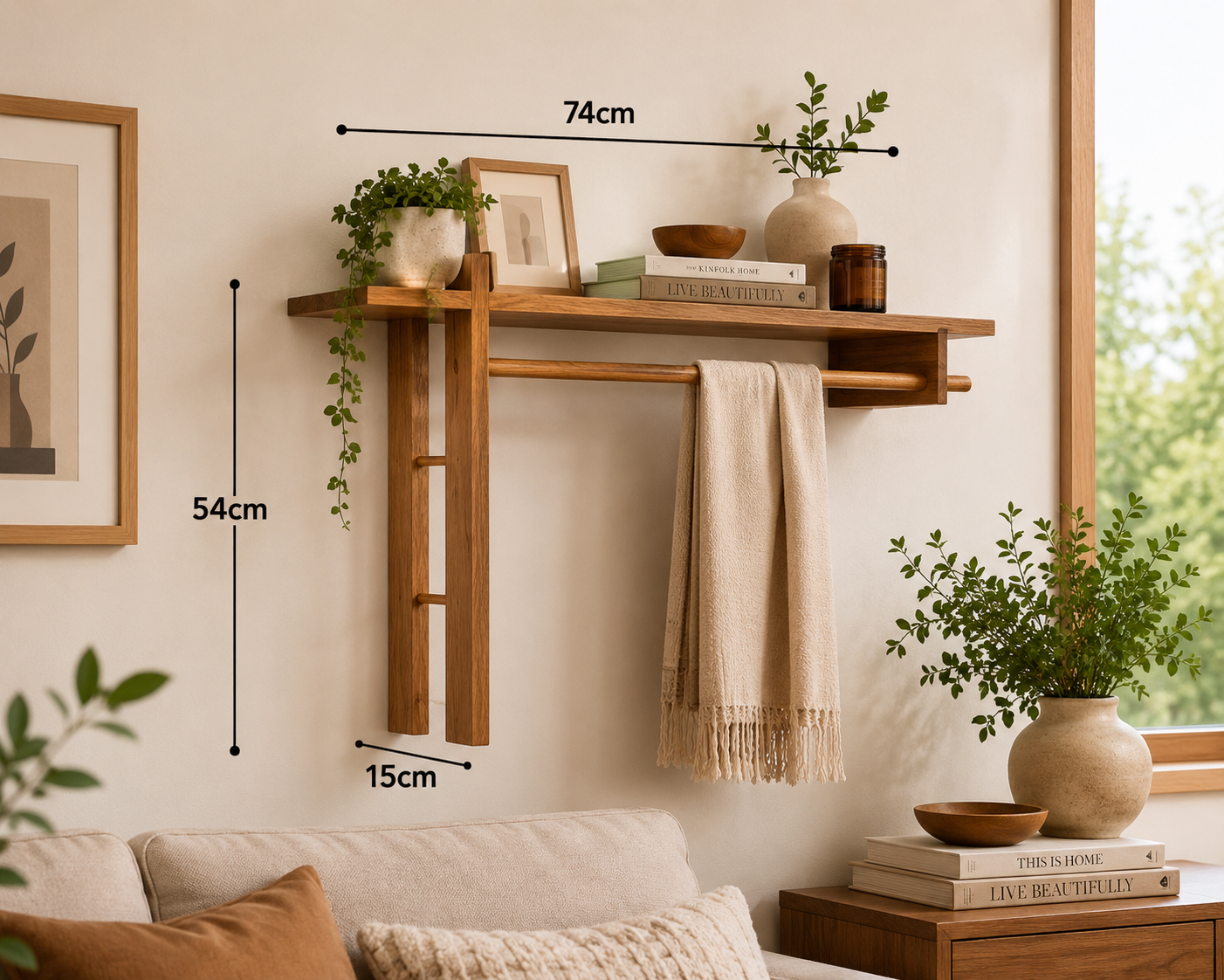 Dhan Decor - Wooden Wall Mounted Entryway Organizer Shelf with Hanging Rod, Coat Rack, Display Storage Shelf, Rustic Walnut Finish, Handmade Home Decor for Hallway, Bedroom & Living Room - Image 4