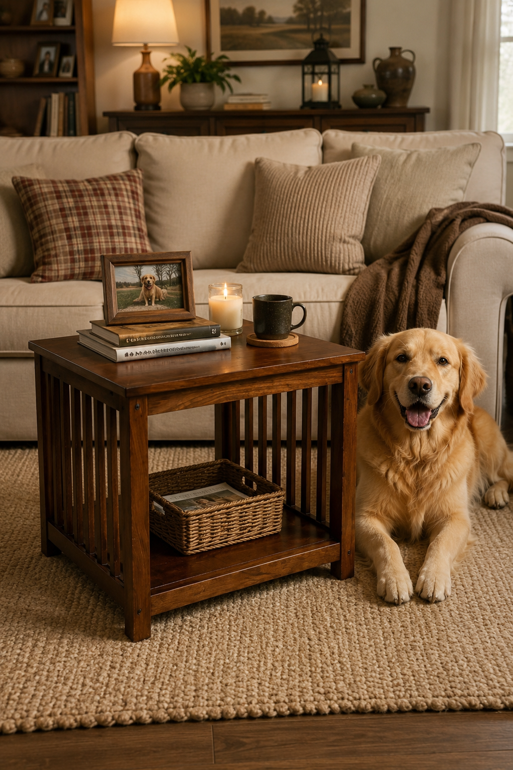 Dhan Decor- Luxury Wooden Dog Crate End Table, Furniture Style Indoor Pet Kennel, Solid Wood Dog House with Cushion, Decorative Side Table for Living Room, Dark Walnut Finish, Large Pet Crate for Medium & Large Dogs - Image 3