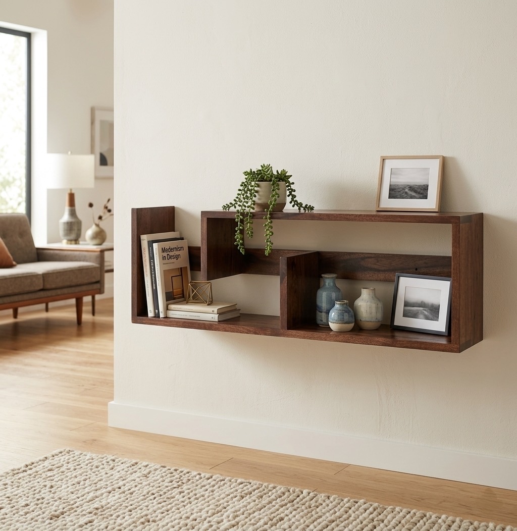 Dhan Decor - Wall Mounted Wooden Floating Shelf for Living Room | Modern Geometric Display Shelf | Dark Walnut Engineered Wood Wall Shelf Book Shelf | Decorative Storage Rack | Home & Office Wall Organizer - Image 5