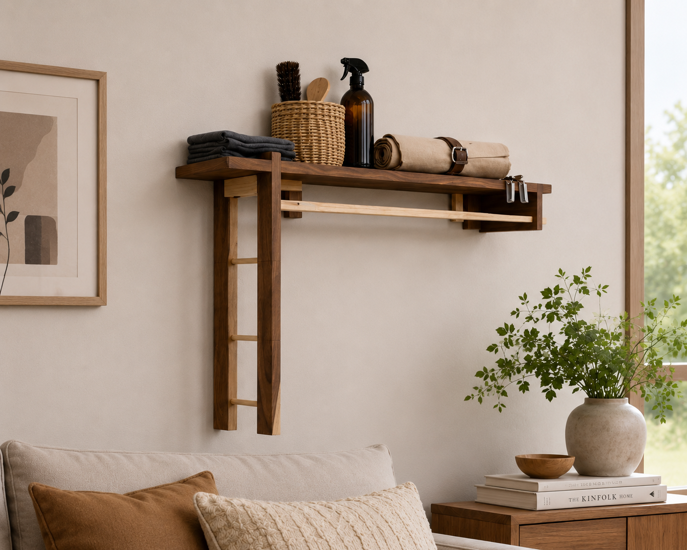 Dhan Decor - Wooden Wall Mounted Entryway Organizer Shelf with Hanging Rod, Coat Rack, Display Storage Shelf, Rustic Walnut Finish, Handmade Home Decor for Hallway, Bedroom & Living Room - Image 5