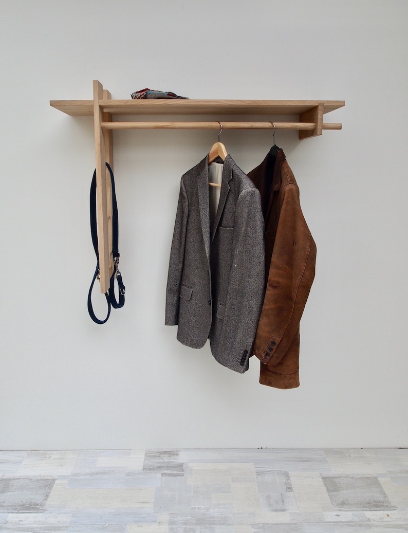 Dhan Decor - Wooden Wall Mounted Entryway Organizer Shelf with Hanging Rod, Coat Rack, Display Storage Shelf, Rustic Walnut Finish, Handmade Home Decor for Hallway, Bedroom & Living Room - Image 6