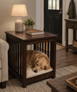 Dhan Decor- Luxury Wooden Dog Crate End Table, Furniture Style Indoor Pet Kennel, Solid Wood Dog House with Cushion, Decorative Side Table for Living Room, Dark Walnut Finish, Large Pet Crate for Medium & Large Dogs