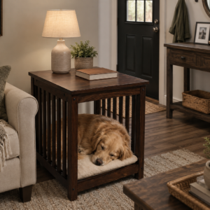Dhan Decor- Luxury Wooden Dog Crate End Table, Furniture Style Indoor Pet Kennel, Solid Wood Dog House with Cushion, Decorative Side Table for Living Room, Dark Walnut Finish, Large Pet Crate for Medium & Large Dogs