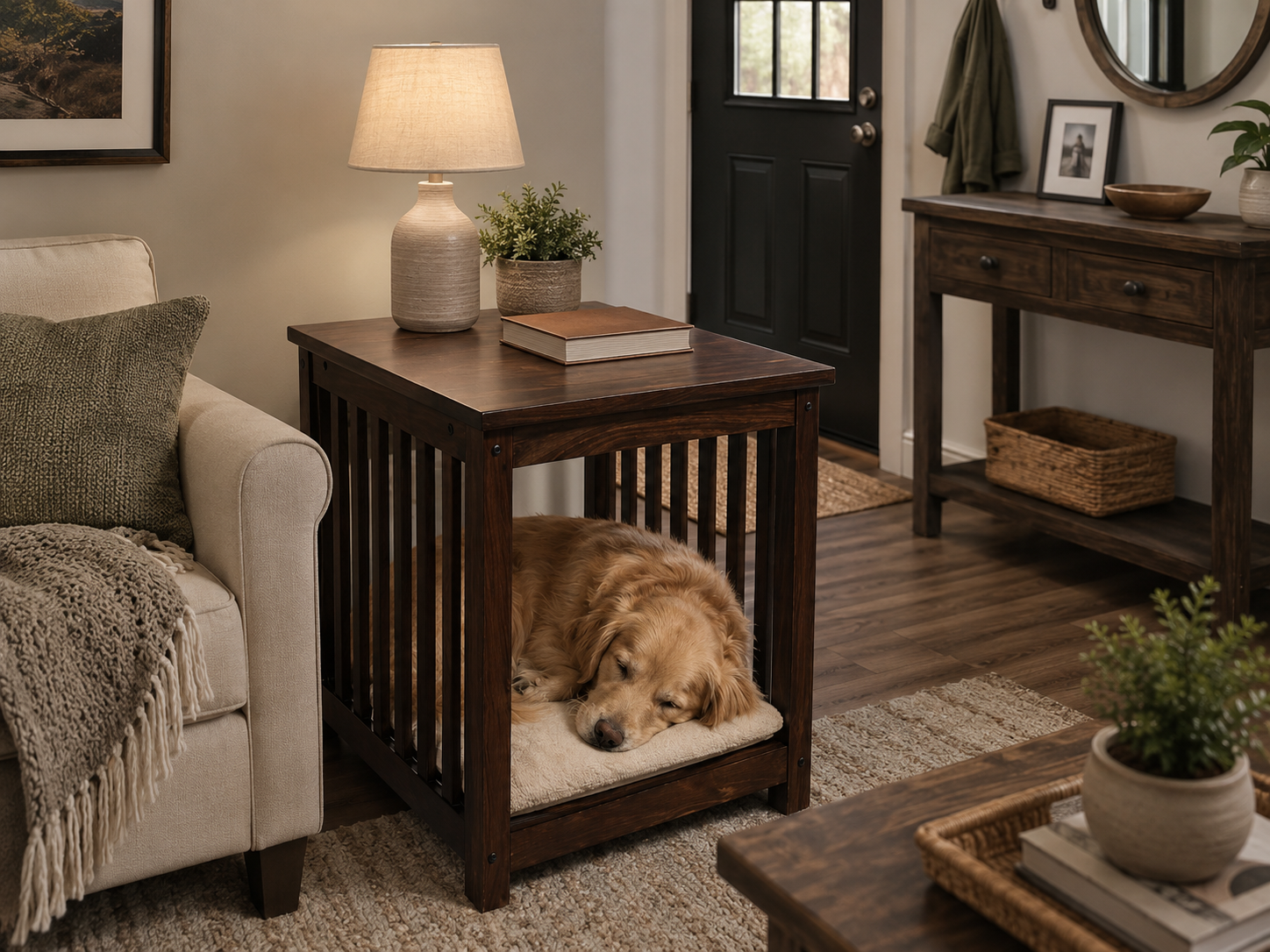 Dhan Decor- Luxury Wooden Dog Crate End Table, Furniture Style Indoor Pet Kennel, Solid Wood Dog House with Cushion, Decorative Side Table for Living Room, Dark Walnut Finish, Large Pet Crate for Medium & Large Dogs