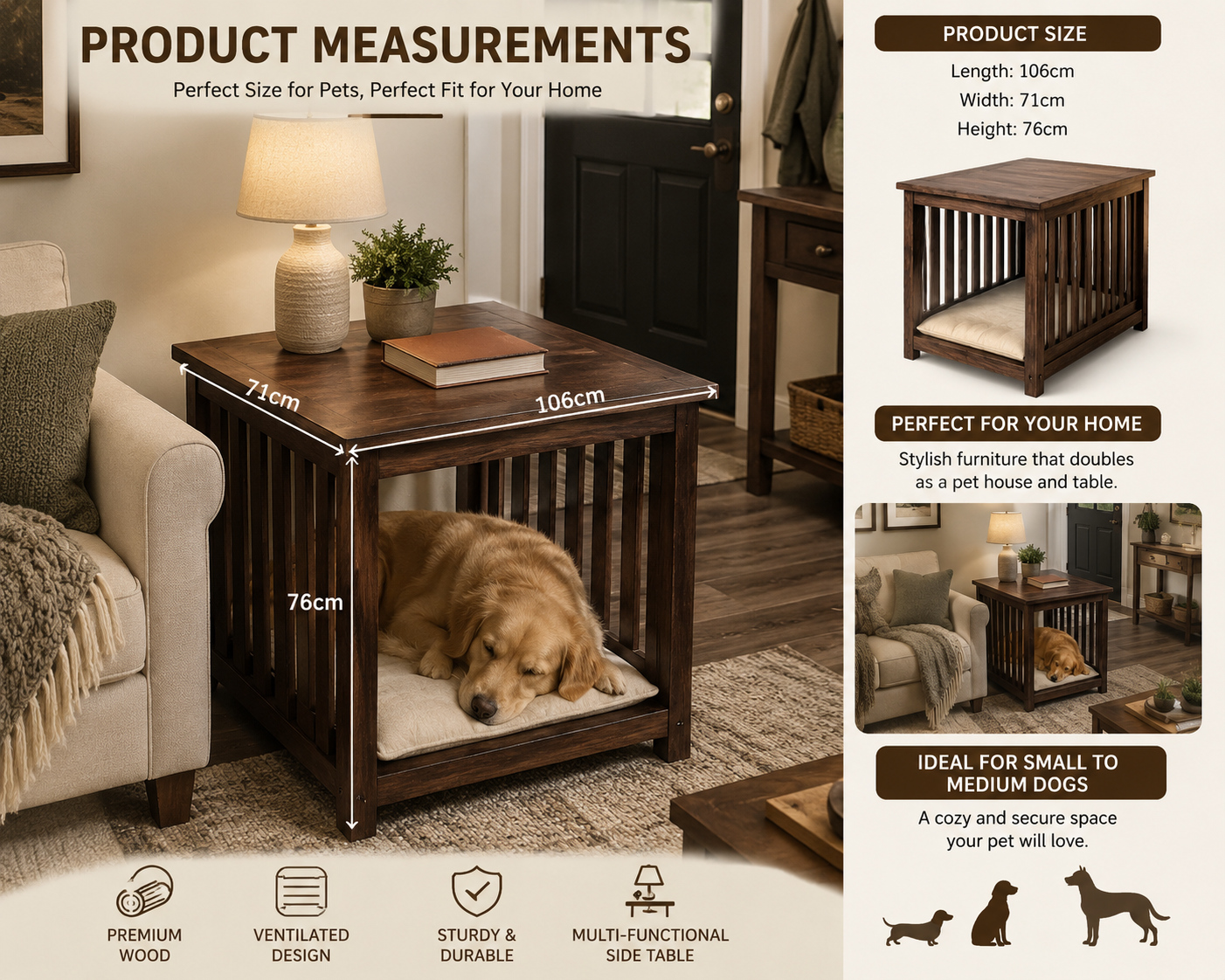 Dhan Decor- Luxury Wooden Dog Crate End Table, Furniture Style Indoor Pet Kennel, Solid Wood Dog House with Cushion, Decorative Side Table for Living Room, Dark Walnut Finish, Large Pet Crate for Medium & Large Dogs - Image 4