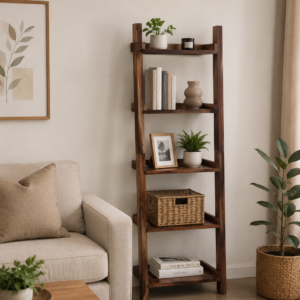 Dhan Decor- Dark Walnut Wooden Display Shelf , Modern Ladder Bookcase Organizer ,Wooden Decorative Storage Rack ,5-Tier Living Room Display Shelf , Handmade Wooden Bookshelf Stand ,Rustic Home Decor Display Unit ,Wooden Plant & Book Storage Shelf ,Space-Saving Ladder Shelf Organizer , Premium Wooden Corner Display Rack ,Wooden Bookshelf