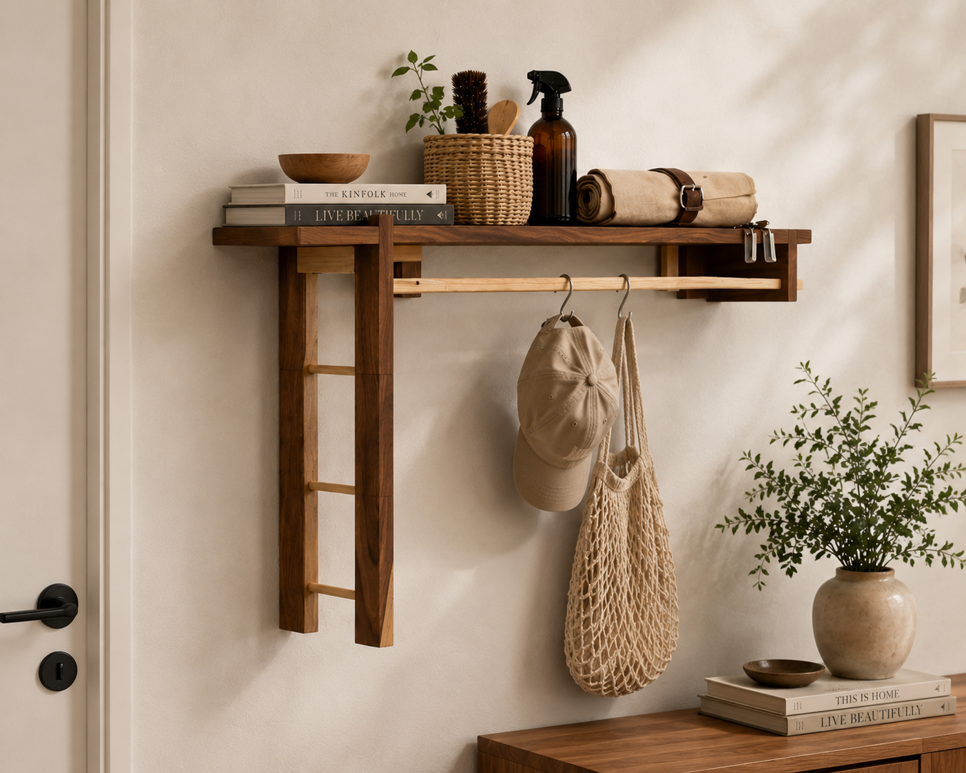 Dhan Decor - Wooden Wall Mounted Entryway Organizer Shelf with Hanging Rod, Coat Rack, Display Storage Shelf, Rustic Walnut Finish, Handmade Home Decor for Hallway, Bedroom & Living Room - Image 3