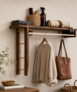 Dhan Decor - Wooden Wall Mounted Entryway Organizer Shelf with Hanging Rod, Coat Rack, Display Storage Shelf, Rustic Walnut Finish, Handmade Home Decor for Hallway, Bedroom & Living Room