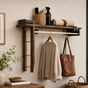 Dhan Decor - Wooden Wall Mounted Entryway Organizer Shelf with Hanging Rod, Coat Rack, Display Storage Shelf, Rustic Walnut Finish, Handmade Home Decor for Hallway, Bedroom & Living Room