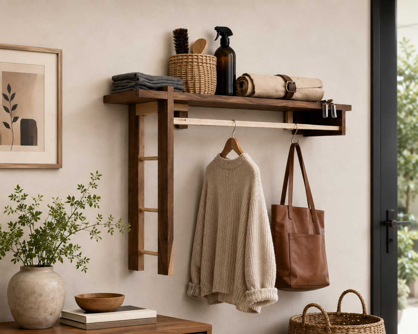 Dhan Decor - Wooden Wall Mounted Entryway Organizer Shelf with Hanging Rod, Coat Rack, Display Storage Shelf, Rustic Walnut Finish, Handmade Home Decor for Hallway, Bedroom & Living Room
