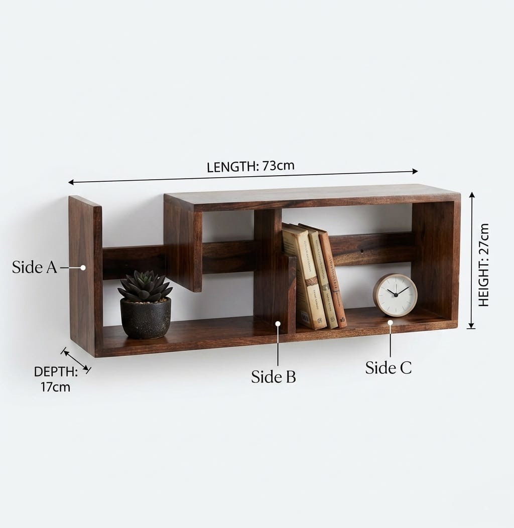 Dhan Decor - Wall Mounted Wooden Floating Shelf for Living Room | Modern Geometric Display Shelf | Dark Walnut Engineered Wood Wall Shelf Book Shelf | Decorative Storage Rack | Home & Office Wall Organizer - Image 4