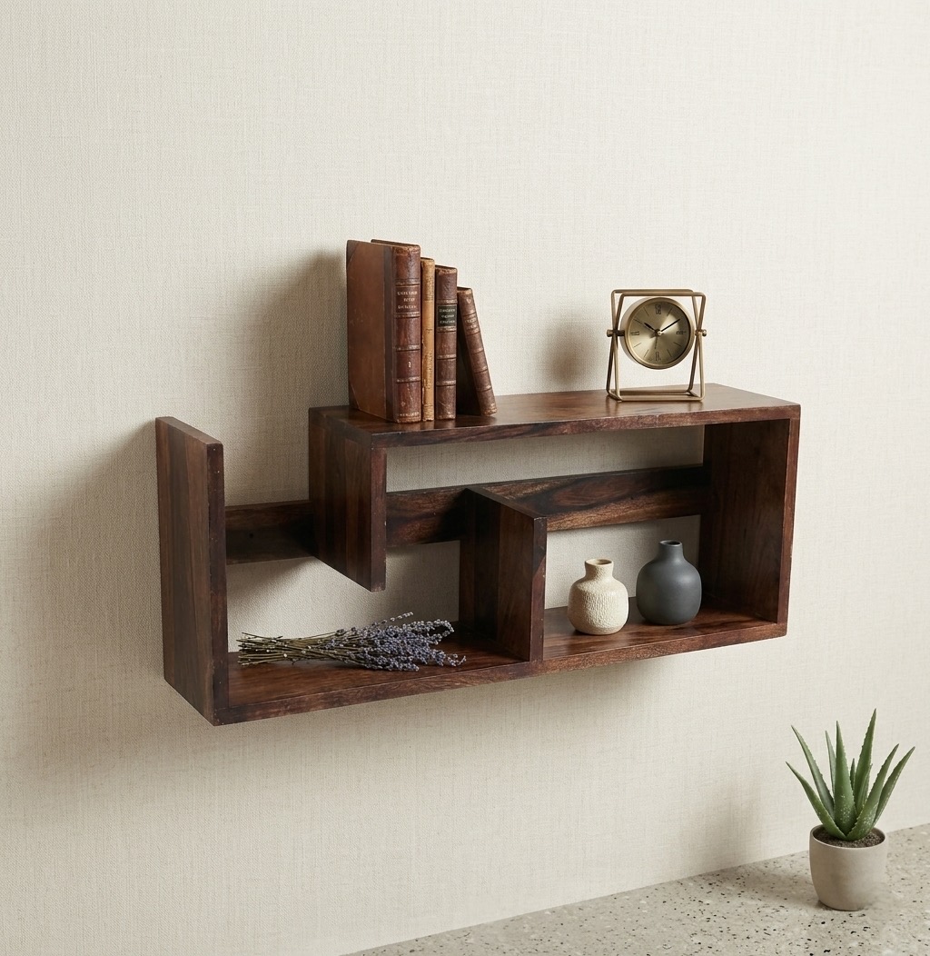 Dhan Decor - Wall Mounted Wooden Floating Shelf for Living Room | Modern Geometric Display Shelf | Dark Walnut Engineered Wood Wall Shelf Book Shelf | Decorative Storage Rack | Home & Office Wall Organizer