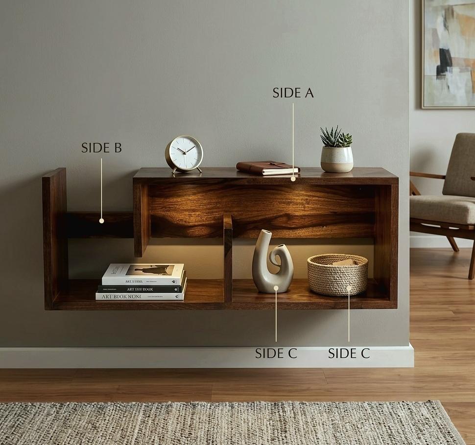 Dhan Decor - Wall Mounted Wooden Floating Shelf for Living Room | Modern Geometric Display Shelf | Dark Walnut Engineered Wood Wall Shelf Book Shelf | Decorative Storage Rack | Home & Office Wall Organizer - Image 2